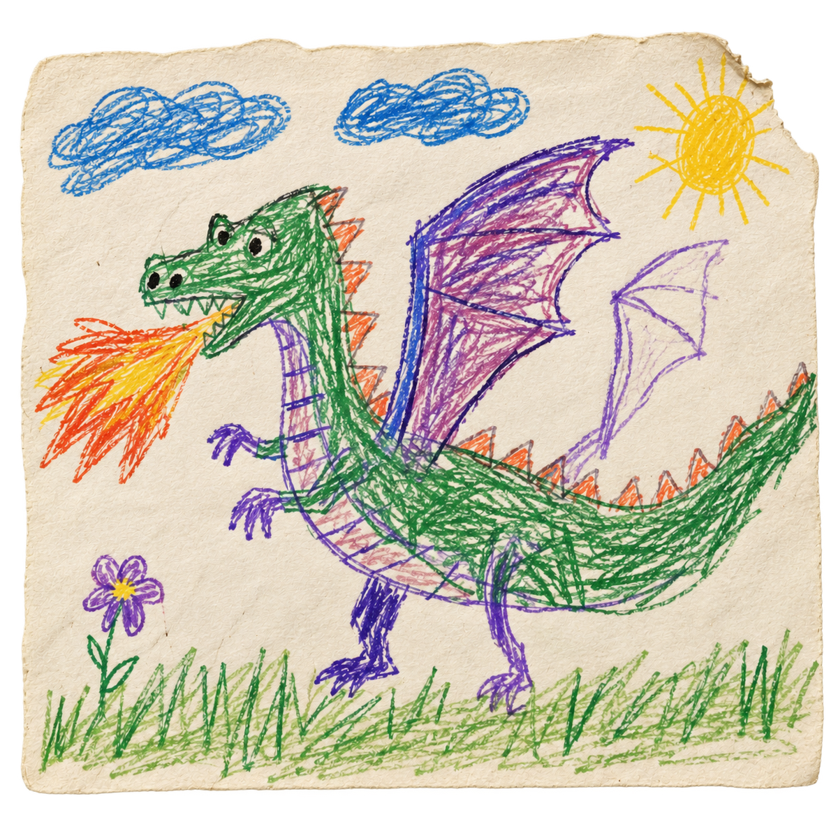 A child's colorful dragon drawing