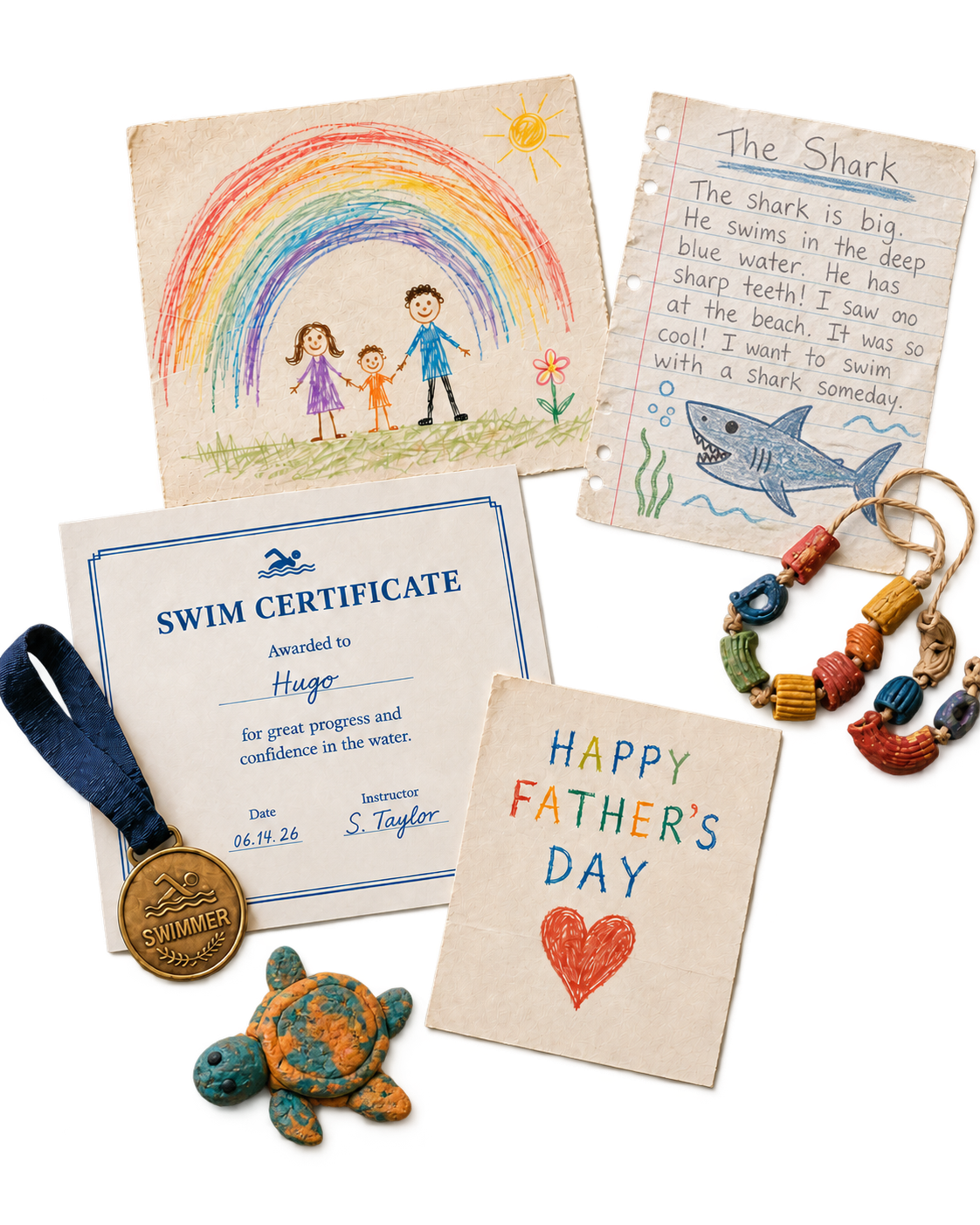 A child’s drawing, swim certificate, medal, cardboard castle, Father’s Day card and family photograph
