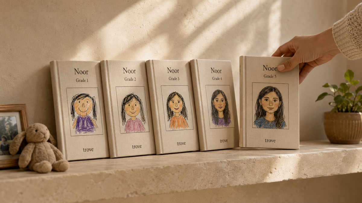A shelf of coordinated matte-white Trove annual editions for one child across school years