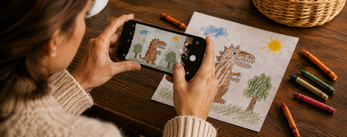A parent photographing a child’s keepsake