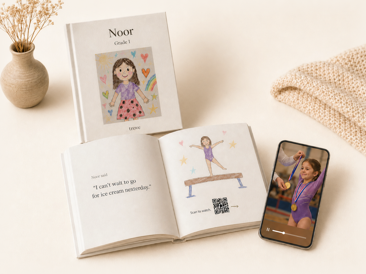 Trove Annual Edition showing a personalized matte-white book, an open spread and a Living Memory on a phone